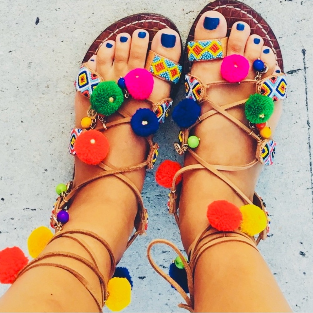 Sam Edelman wrap sandals colorful bright festive fun pom poms beaded 7.5 8